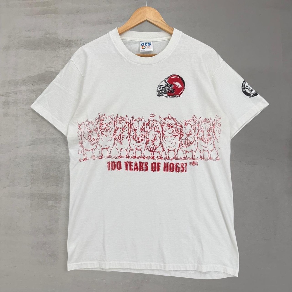 Vintage Arkansas Razorbacks Wrap Around Shirt White 100 Years of Hogs 94 Large